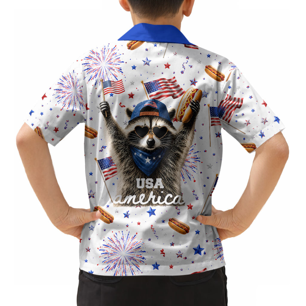 USA America Raccoon Hot Dog 250 Years Kid Hawaiian Shirt 4th of July 1776-2026 Patriotic Fireworks TS04
