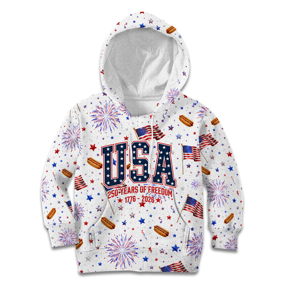 USA America Raccoon Hot Dog 250 Years Kid Hoodie 4th of July 1776-2026 Patriotic Fireworks