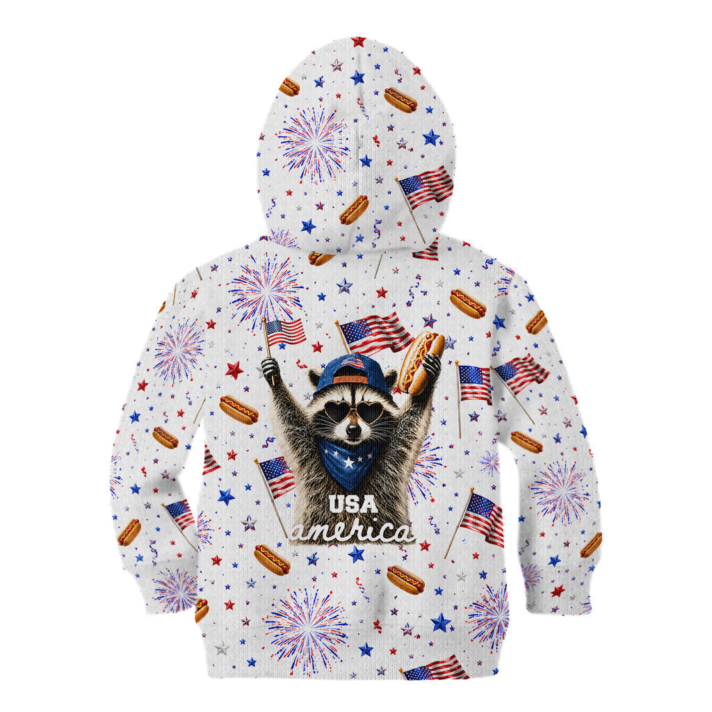 USA America Raccoon Hot Dog 250 Years Kid Hoodie 4th of July 1776-2026 Patriotic Fireworks