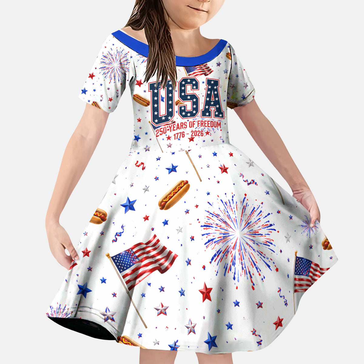 USA America Raccoon Hot Dog 250 Years Kid Short Sleeve Dress 4th of July 1776-2026 Patriotic Fireworks