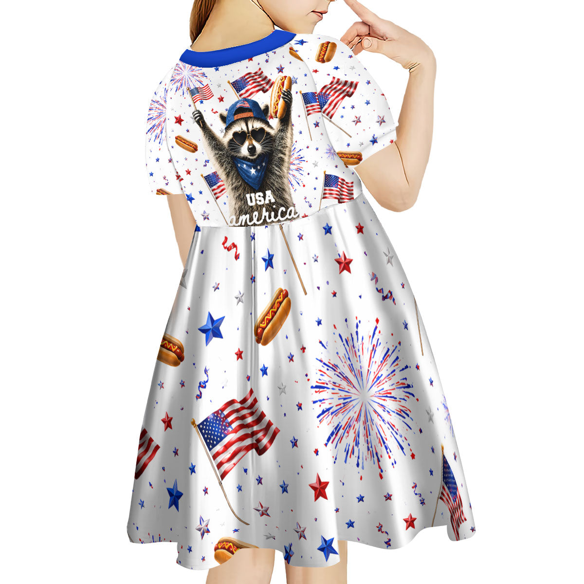 USA America Raccoon Hot Dog 250 Years Kid Short Sleeve Dress 4th of July 1776-2026 Patriotic Fireworks