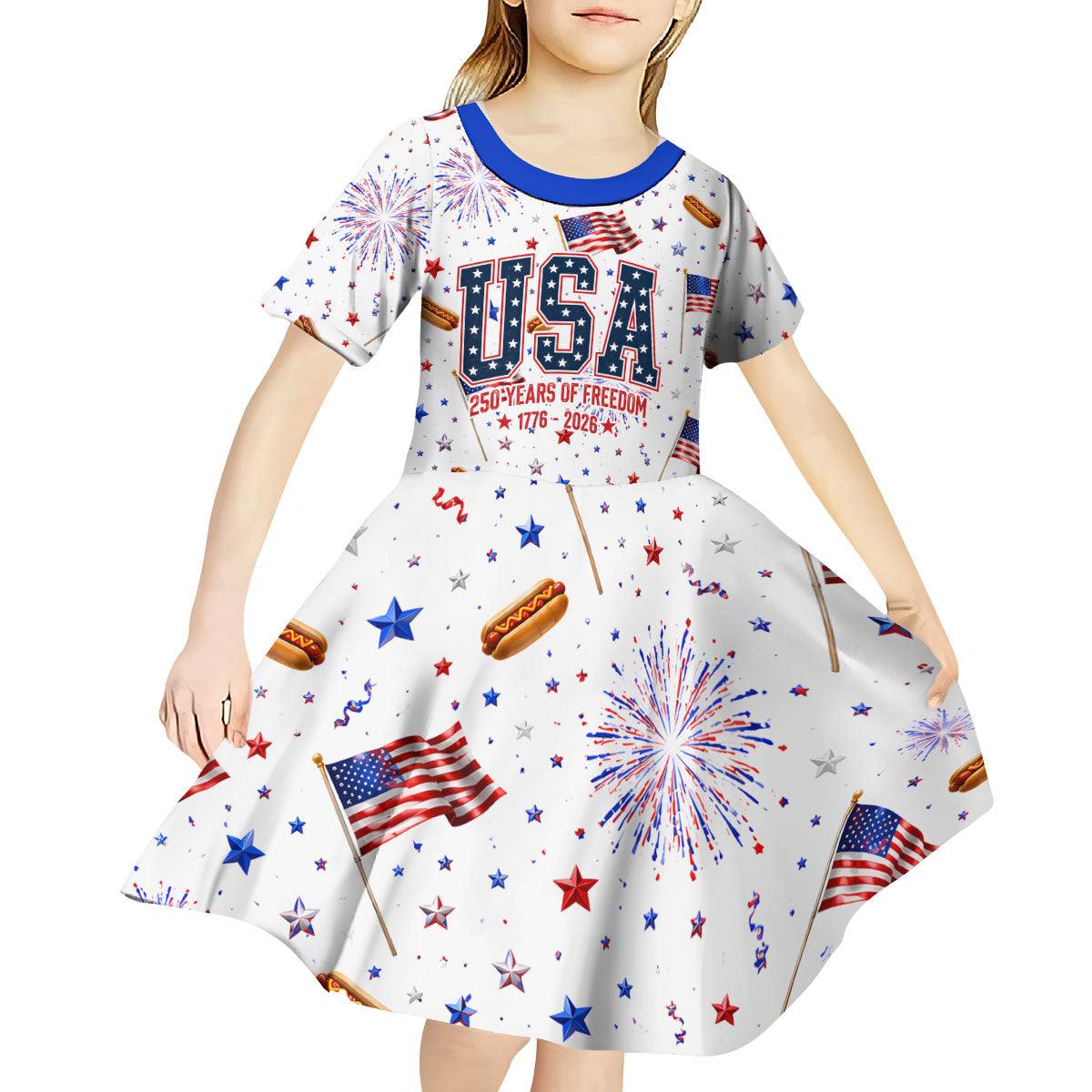 USA America Raccoon Hot Dog 250 Years Kid Short Sleeve Dress 4th of July 1776-2026 Patriotic Fireworks