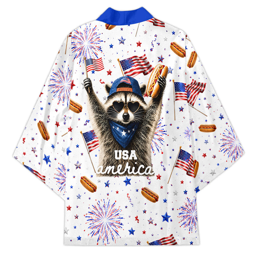 USA America Raccoon Hot Dog 250 Years Kimono 4th of July 1776-2026 Patriotic Fireworks