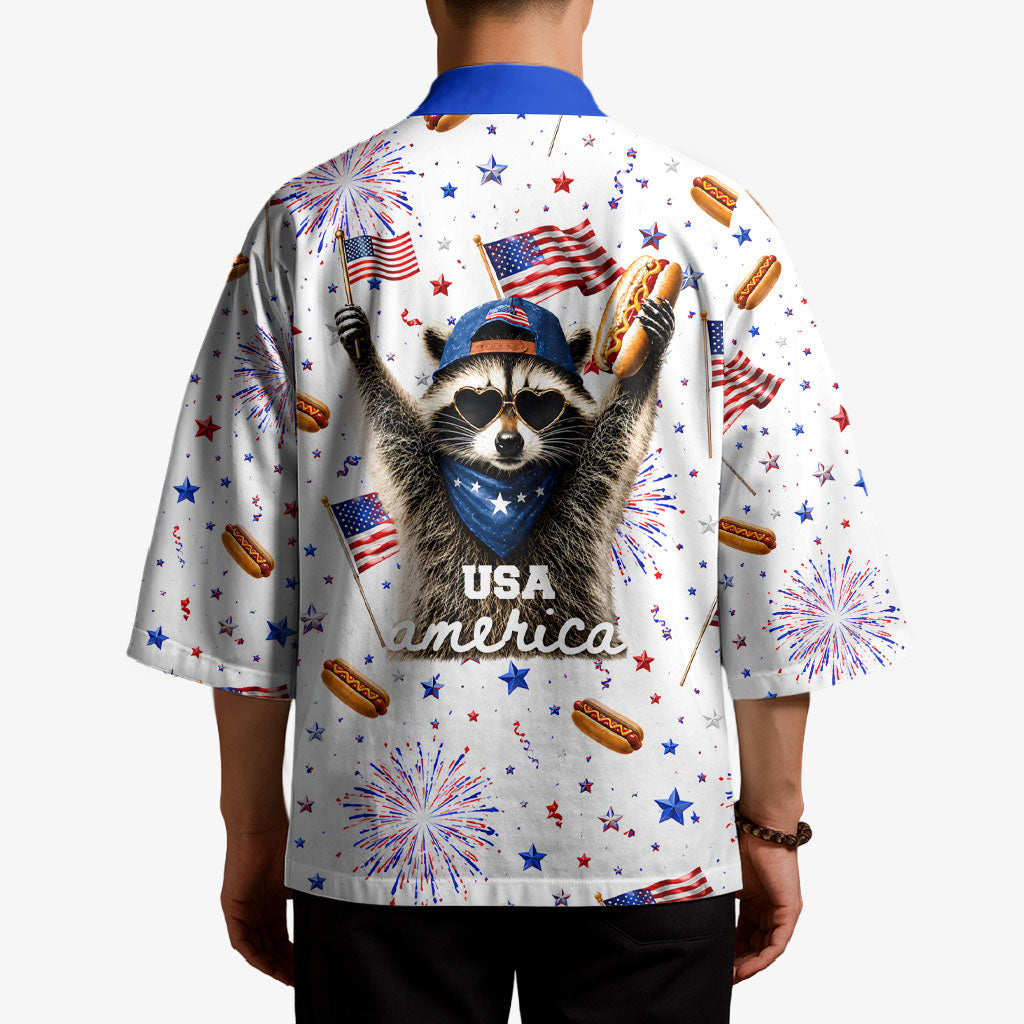 USA America Raccoon Hot Dog 250 Years Kimono 4th of July 1776-2026 Patriotic Fireworks