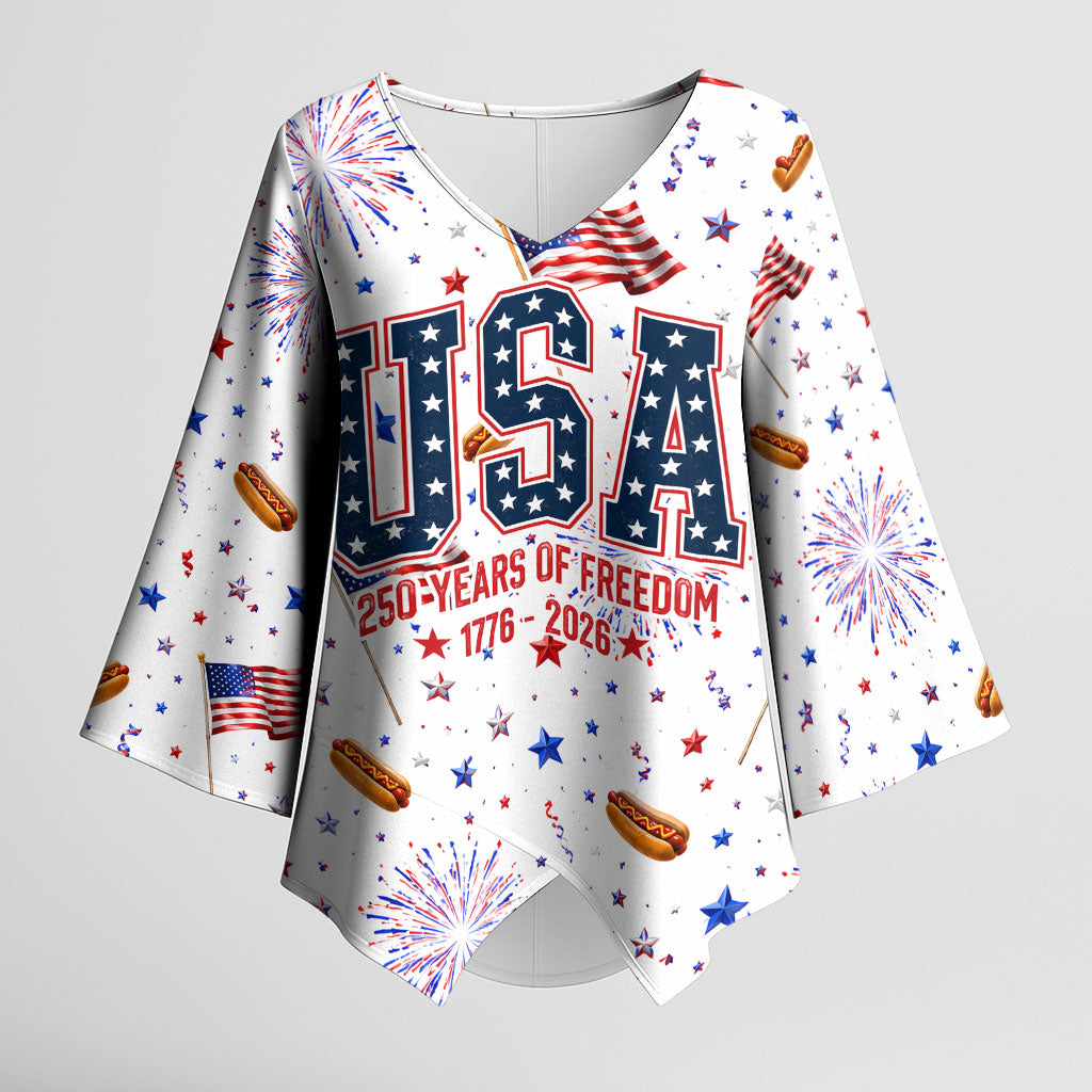 USA America Raccoon Hot Dog 250 Years Kimono Sleeve Blouse 4th of July 1776-2026 Patriotic Fireworks