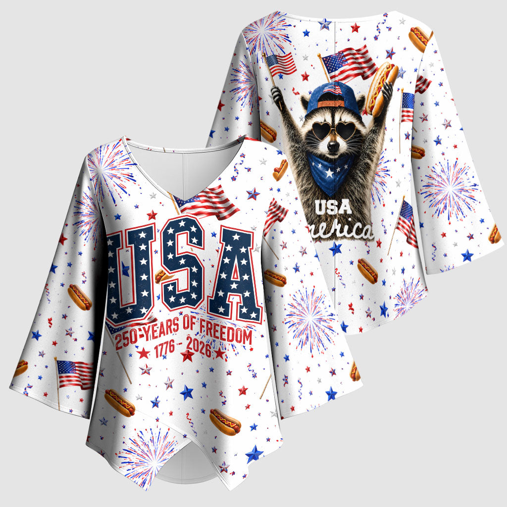 USA America Raccoon Hot Dog 250 Years Kimono Sleeve Blouse 4th of July 1776-2026 Patriotic Fireworks