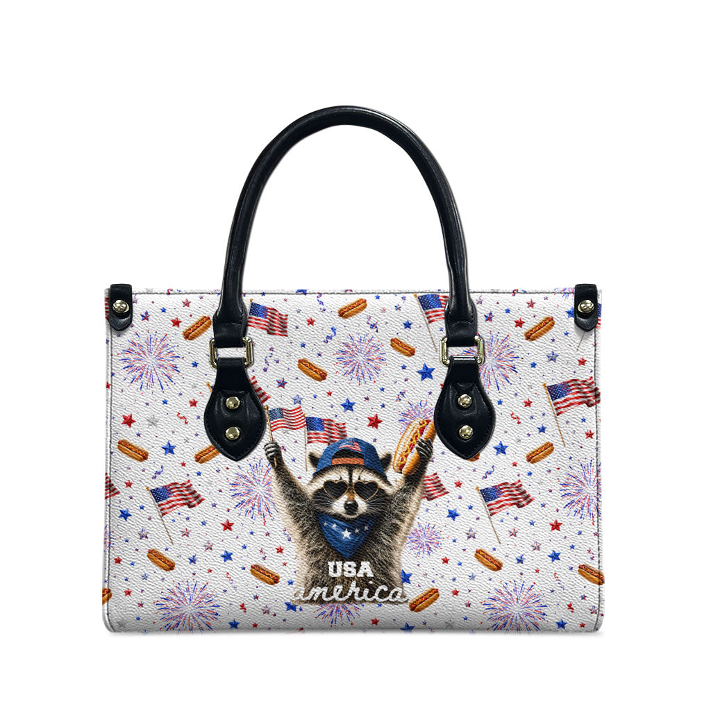 USA America Raccoon Hot Dog 250 Years Leather Bag 4th of July 1776-2026 Patriotic Fireworks