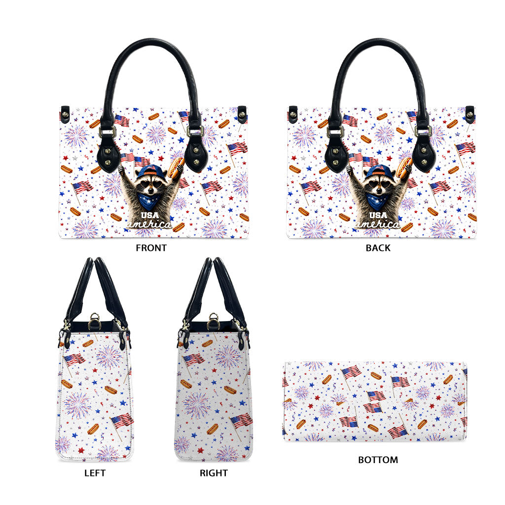 USA America Raccoon Hot Dog 250 Years Leather Bag 4th of July 1776-2026 Patriotic Fireworks