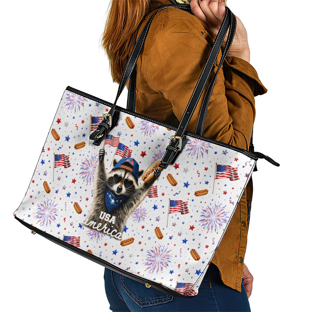 USA America Raccoon Hot Dog 250 Years Leather Tote Bag 4th of July 1776-2026 Patriotic Fireworks