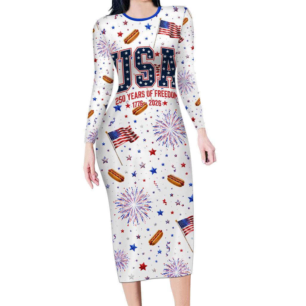 USA America Raccoon Hot Dog 250 Years Long Sleeve Bodycon Dress 4th of July 1776-2026 Patriotic Fireworks