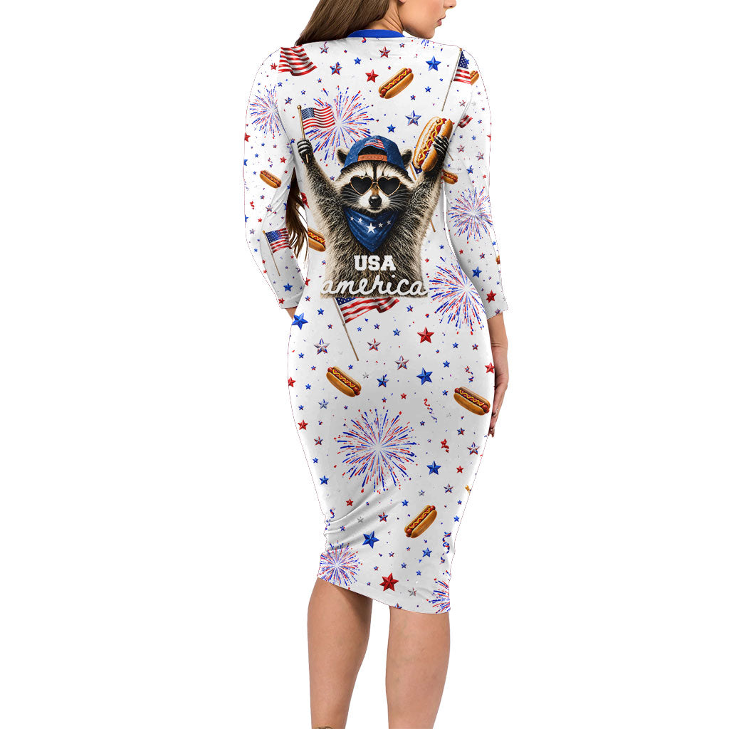 USA America Raccoon Hot Dog 250 Years Long Sleeve Bodycon Dress 4th of July 1776-2026 Patriotic Fireworks