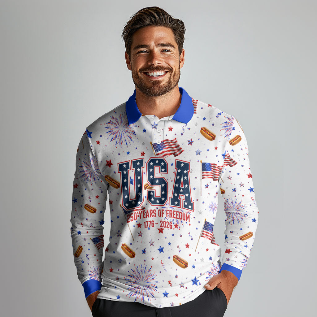 USA America Raccoon Hot Dog 250 Years Long Sleeve Polo Shirt 4th of July 1776-2026 Patriotic Fireworks