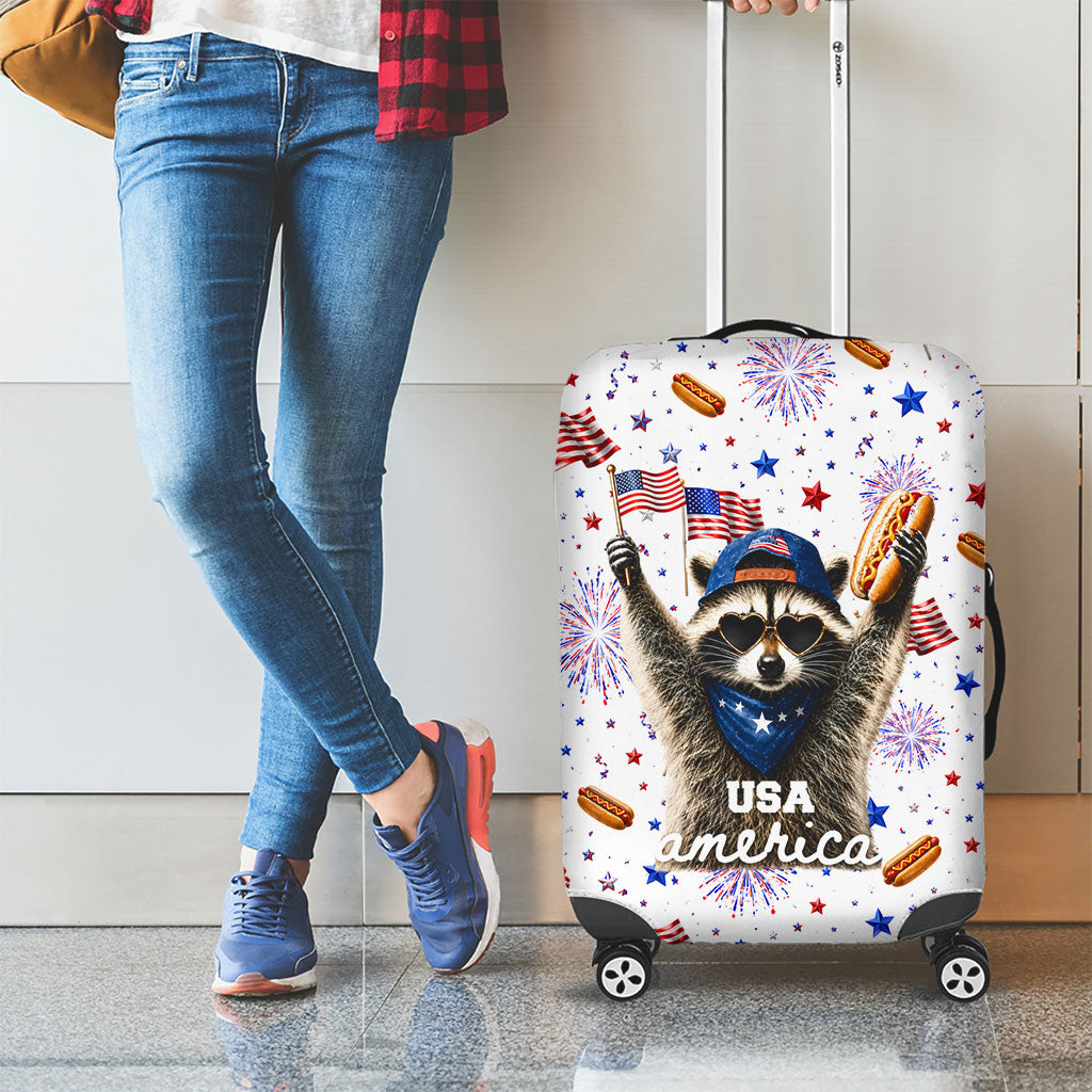 USA America Raccoon Hot Dog 250 Years Luggage Cover 4th of July 1776-2026 Patriotic Fireworks