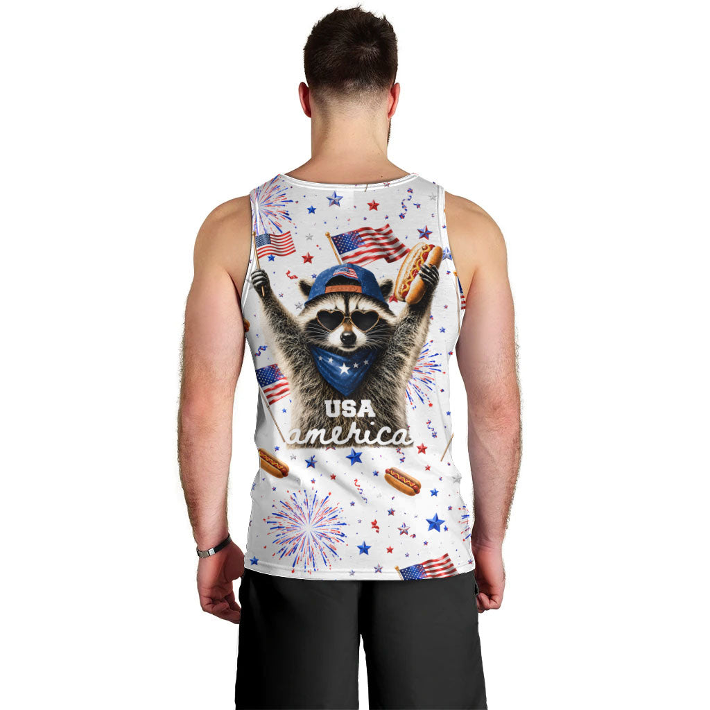 USA America Raccoon Hot Dog 250 Years Men Tank Top 4th of July 1776-2026 Patriotic Fireworks