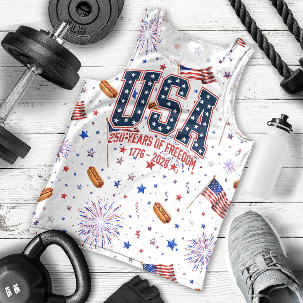 USA America Raccoon Hot Dog 250 Years Men Tank Top 4th of July 1776-2026 Patriotic Fireworks