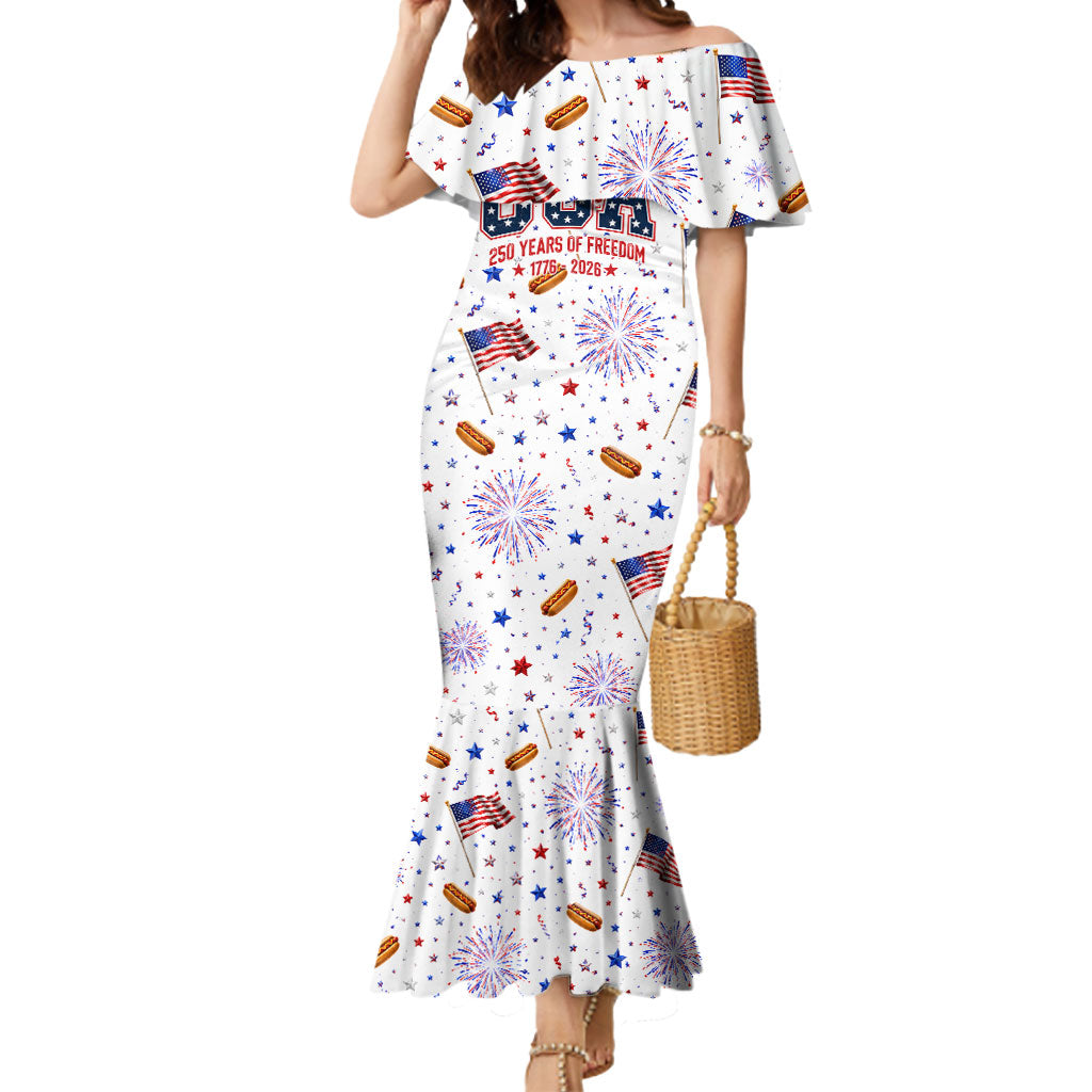 USA America Raccoon Hot Dog 250 Years Mermaid Dress 4th of July 1776-2026 Patriotic Fireworks