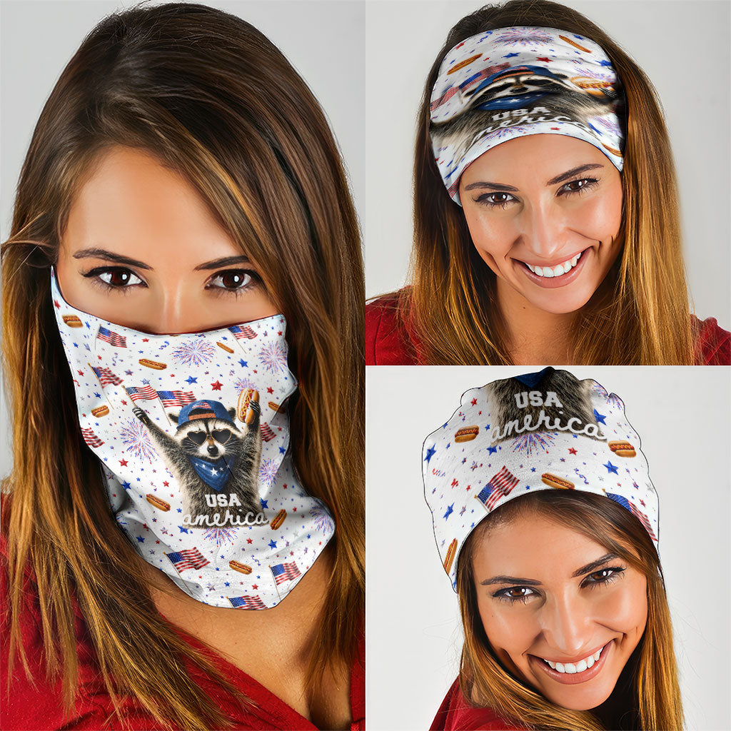 USA America Raccoon Hot Dog 250 Years Neck Gaiter 4th of July 1776-2026 Patriotic Fireworks