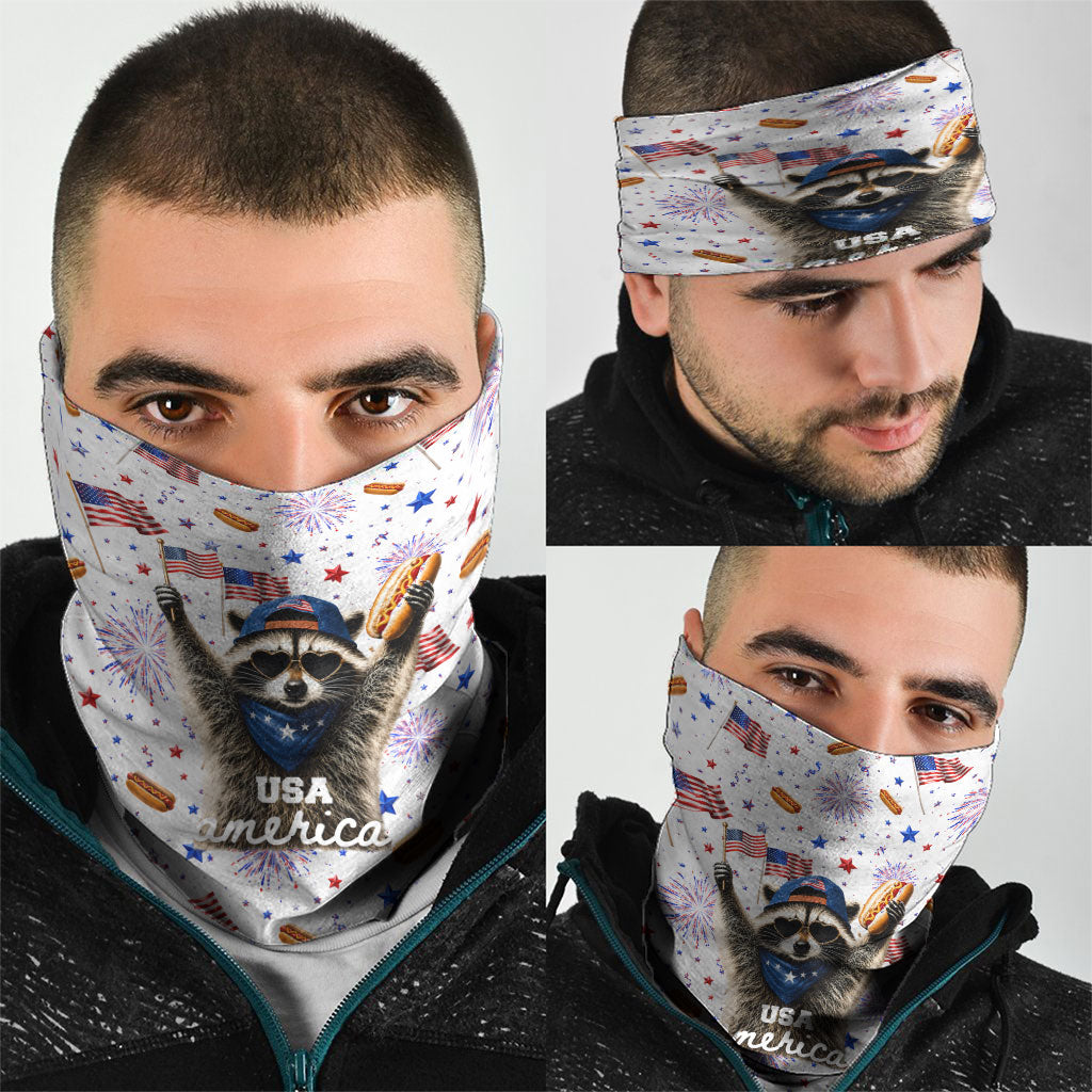 USA America Raccoon Hot Dog 250 Years Neck Gaiter 4th of July 1776-2026 Patriotic Fireworks