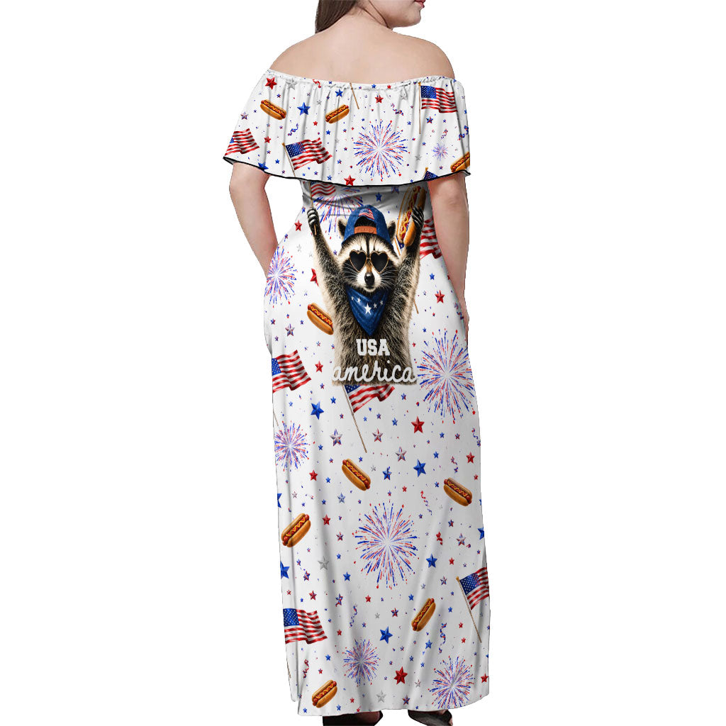 USA America Raccoon Hot Dog 250 Years Off Shoulder Maxi Dress 4th of July 1776-2026 Patriotic Fireworks