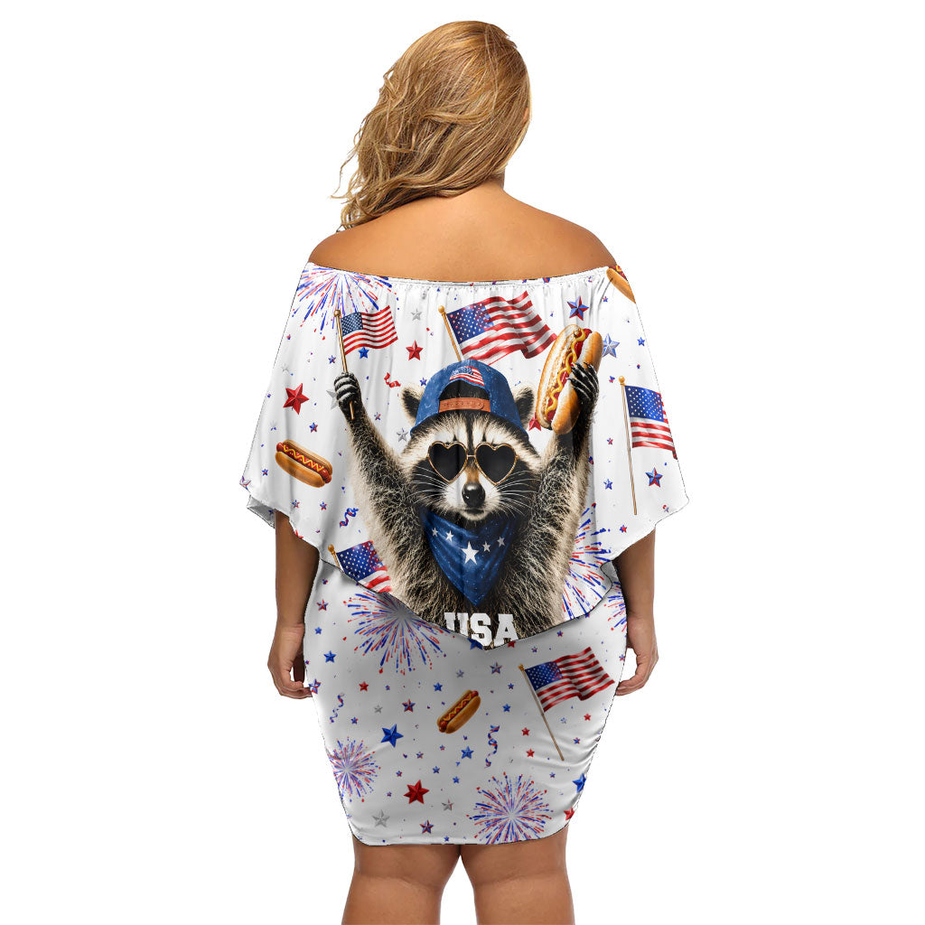 USA America Raccoon Hot Dog 250 Years Off Shoulder Short Dress 4th of July 1776-2026 Patriotic Fireworks