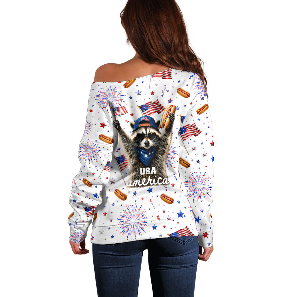 USA America Raccoon Hot Dog 250 Years Off Shoulder Sweater 4th of July 1776-2026 Patriotic Fireworks