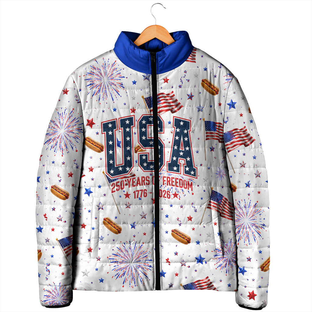 USA America Raccoon Hot Dog 250 Years Padded Jacket 4th of July 1776-2026 Patriotic Fireworks