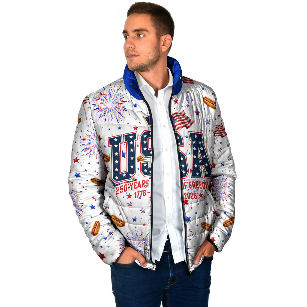 USA America Raccoon Hot Dog 250 Years Padded Jacket 4th of July 1776-2026 Patriotic Fireworks