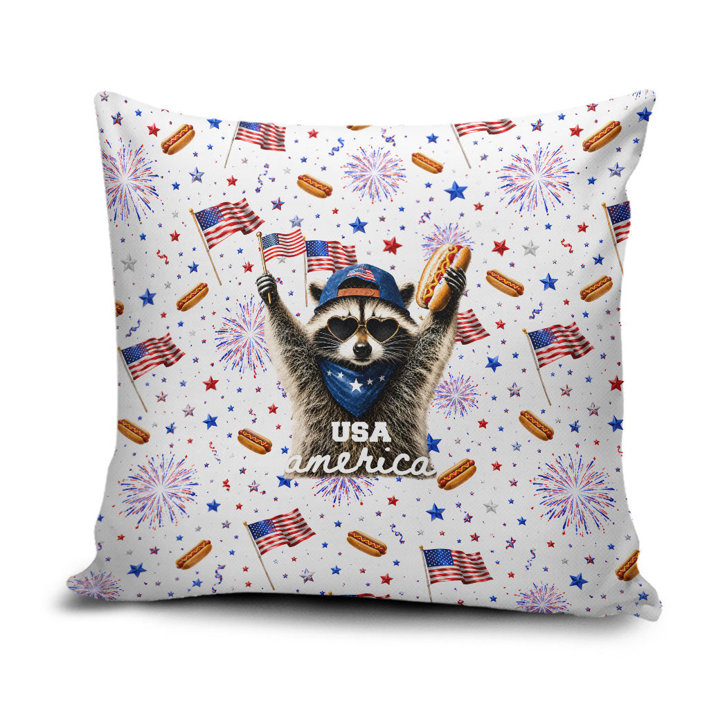 USA America Raccoon Hot Dog 250 Years Pillow Cover 4th of July 1776-2026 Patriotic Fireworks