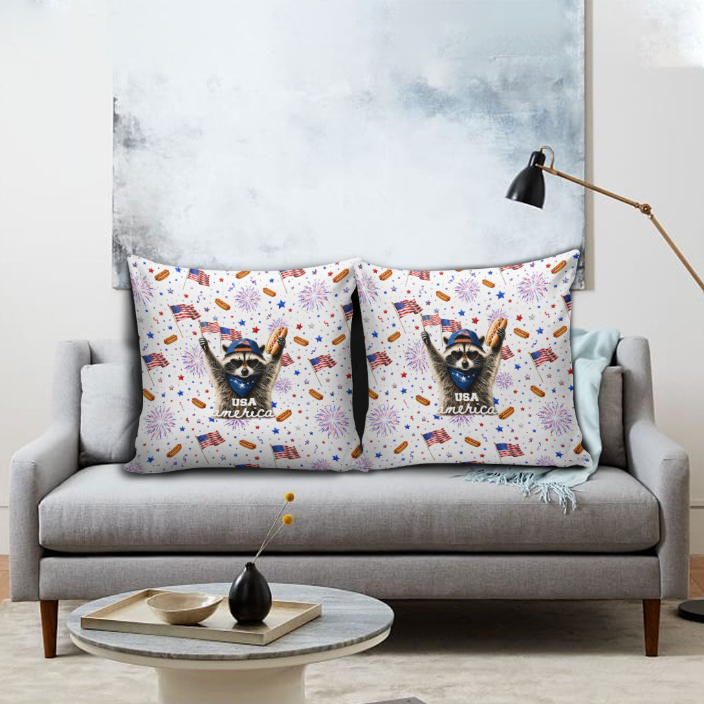 USA America Raccoon Hot Dog 250 Years Pillow Cover 4th of July 1776-2026 Patriotic Fireworks