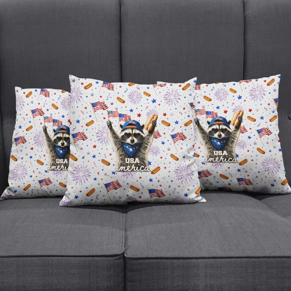USA America Raccoon Hot Dog 250 Years Pillow Cover 4th of July 1776-2026 Patriotic Fireworks