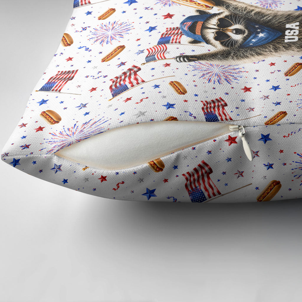 USA America Raccoon Hot Dog 250 Years Pillow Cover 4th of July 1776-2026 Patriotic Fireworks