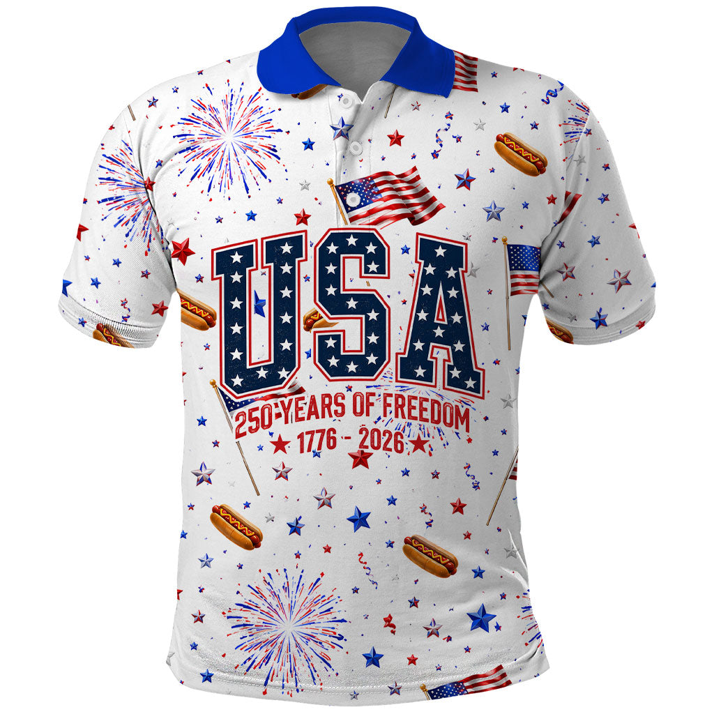 USA America Raccoon Hot Dog 250 Years Polo Shirt 4th of July 1776-2026 Patriotic Fireworks