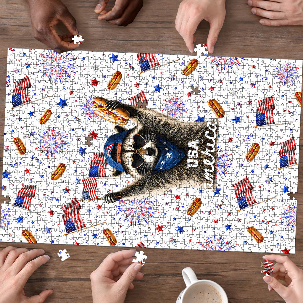 USA America Raccoon Hot Dog 250 Years Puzzle 4th of July 1776-2026 Patriotic Fireworks