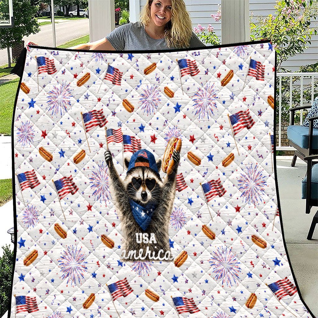 USA America Raccoon Hot Dog 250 Years Quilt 4th of July 1776-2026 Patriotic Fireworks