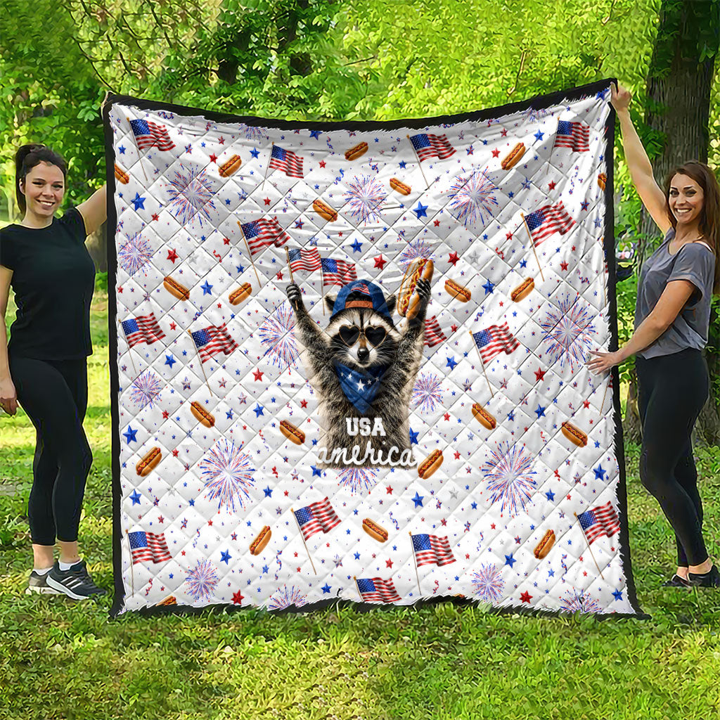 USA America Raccoon Hot Dog 250 Years Quilt 4th of July 1776-2026 Patriotic Fireworks