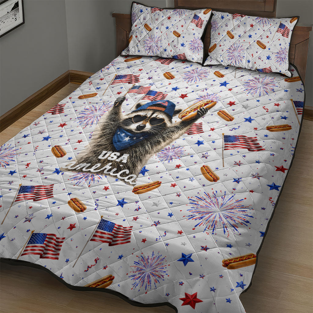 USA America Raccoon Hot Dog 250 Years Quilt Bed Set 4th of July 1776-2026 Patriotic Fireworks
