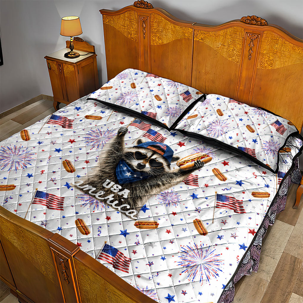 USA America Raccoon Hot Dog 250 Years Quilt Bed Set 4th of July 1776-2026 Patriotic Fireworks