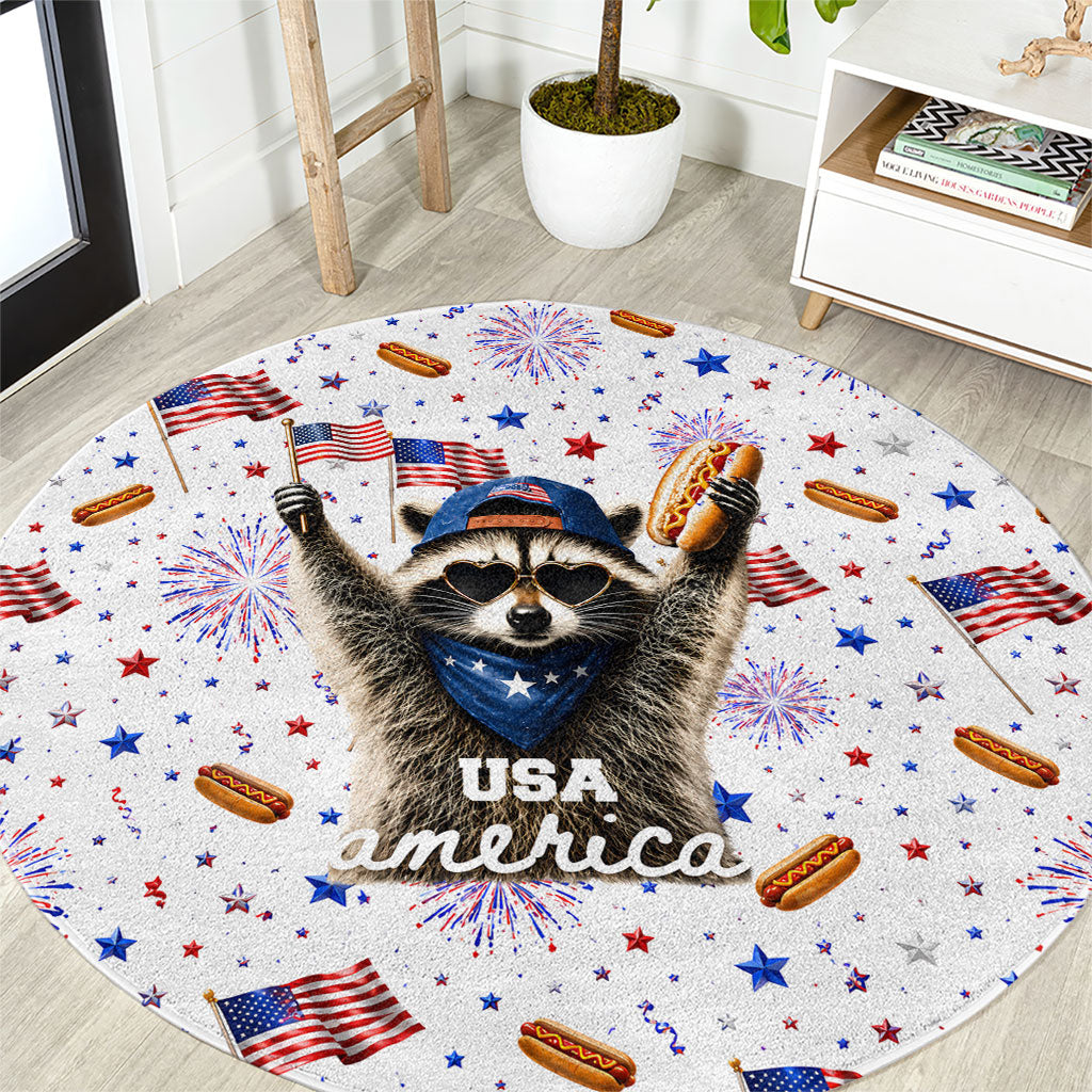 USA America Raccoon Hot Dog 250 Years Round Carpet 4th of July 1776-2026 Patriotic Fireworks