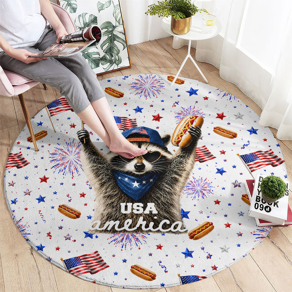 USA America Raccoon Hot Dog 250 Years Round Carpet 4th of July 1776-2026 Patriotic Fireworks