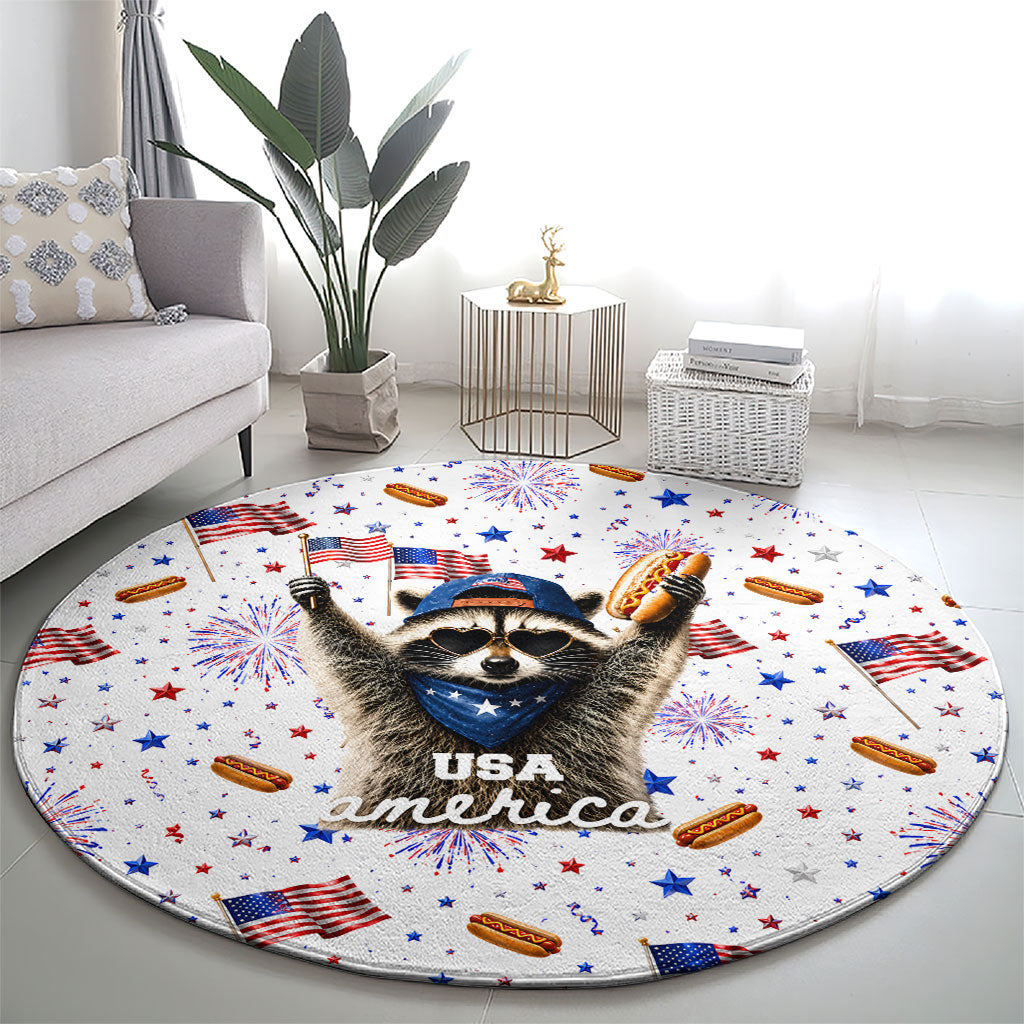 USA America Raccoon Hot Dog 250 Years Round Carpet 4th of July 1776-2026 Patriotic Fireworks