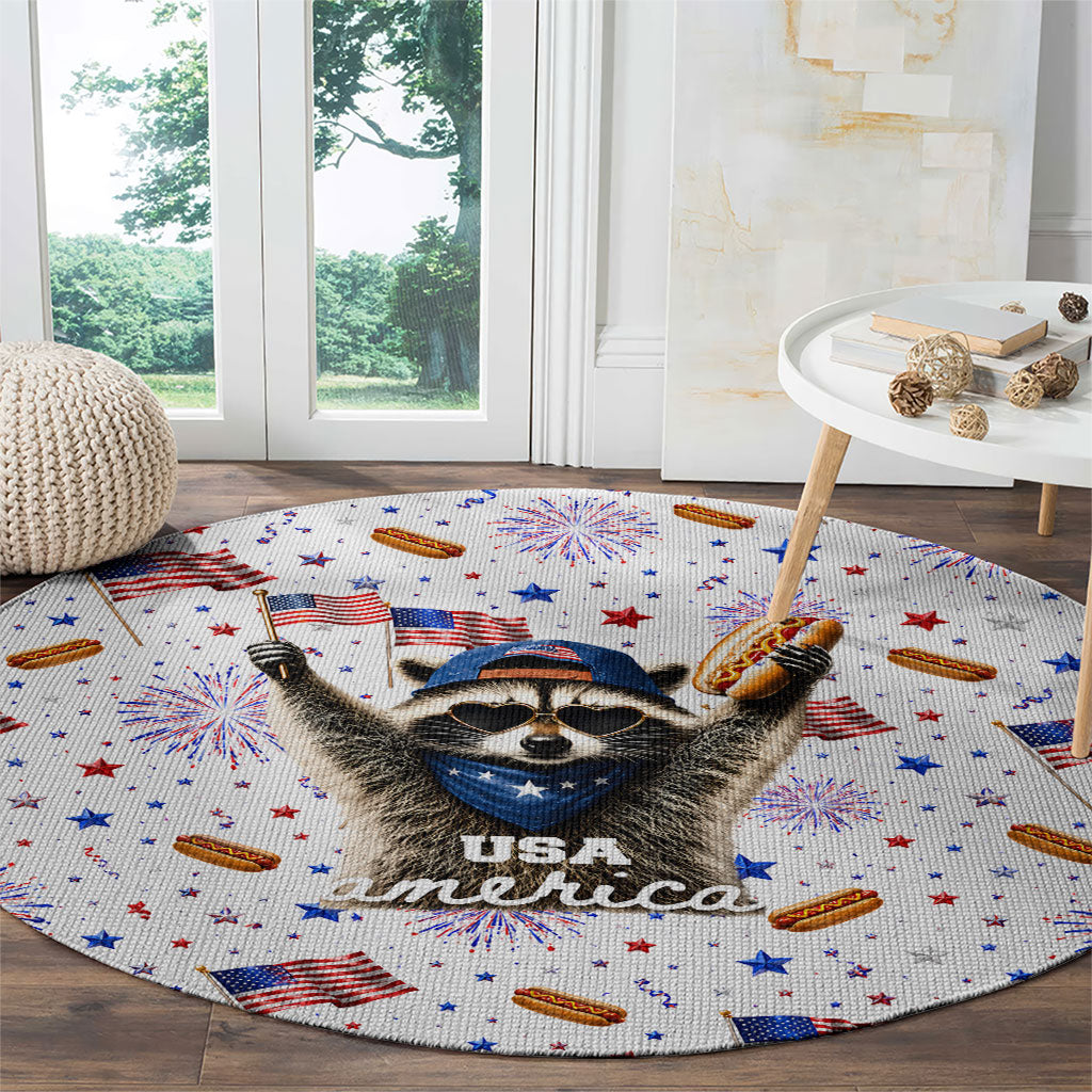 USA America Raccoon Hot Dog 250 Years Round Carpet 4th of July 1776-2026 Patriotic Fireworks