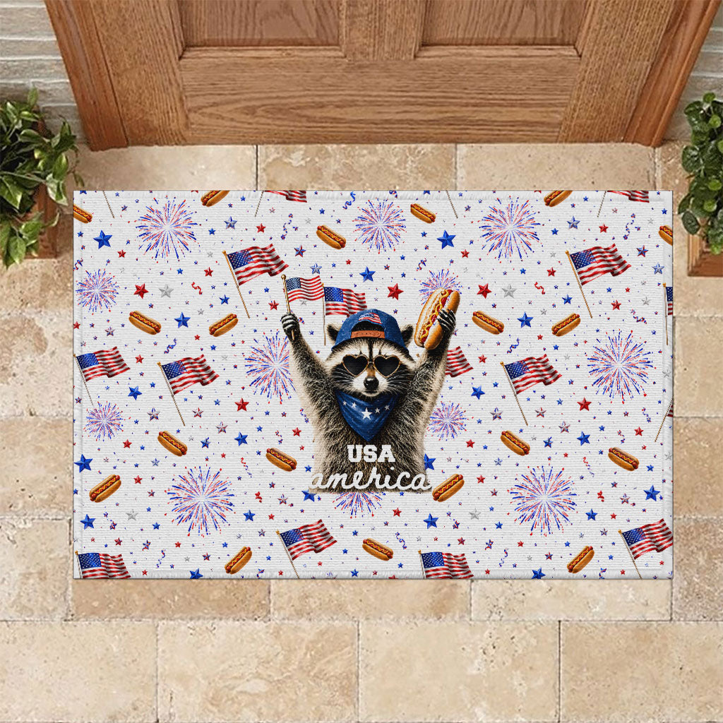 USA America Raccoon Hot Dog 250 Years Rubber Doormat 4th of July 1776-2026 Patriotic Fireworks