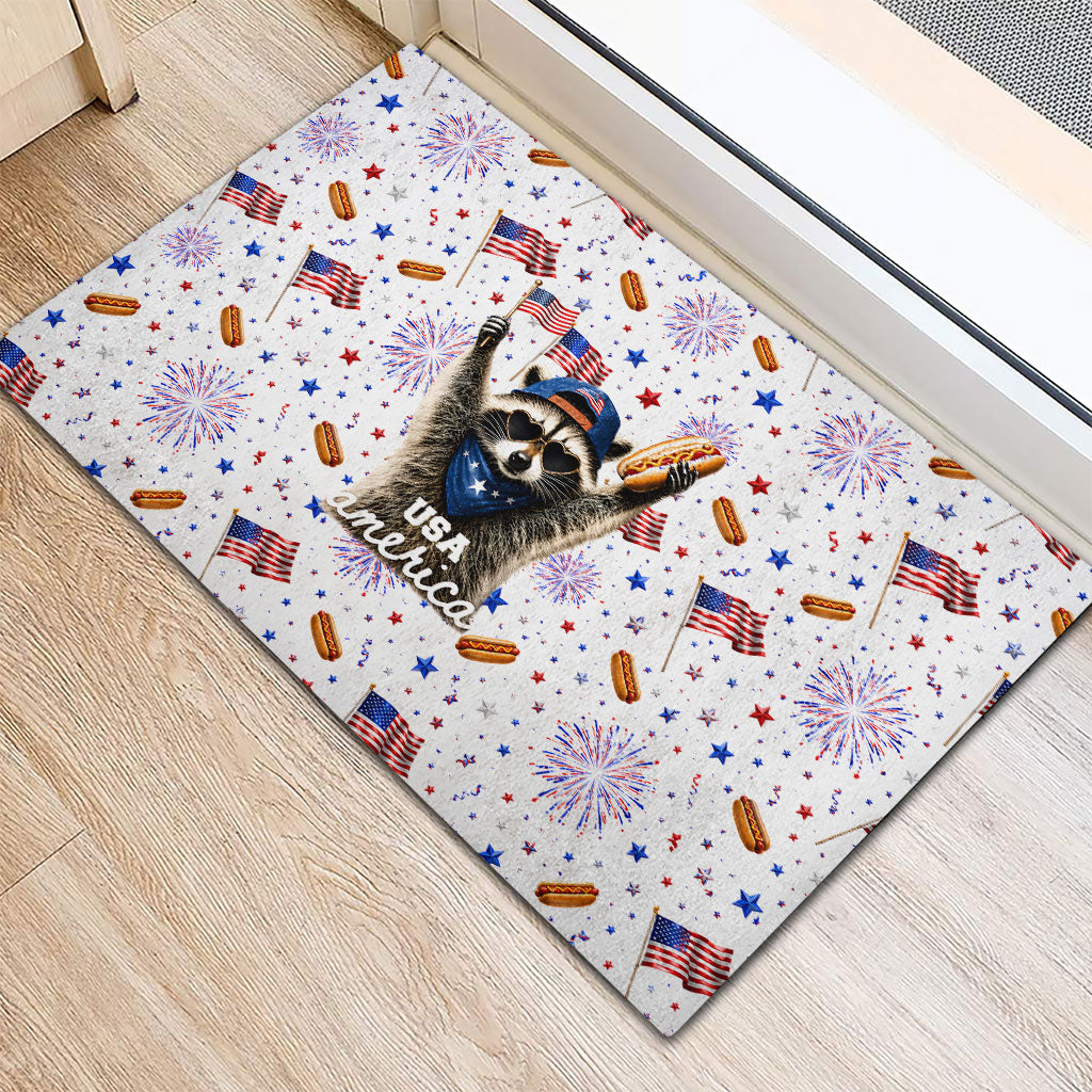 USA America Raccoon Hot Dog 250 Years Rubber Doormat 4th of July 1776-2026 Patriotic Fireworks
