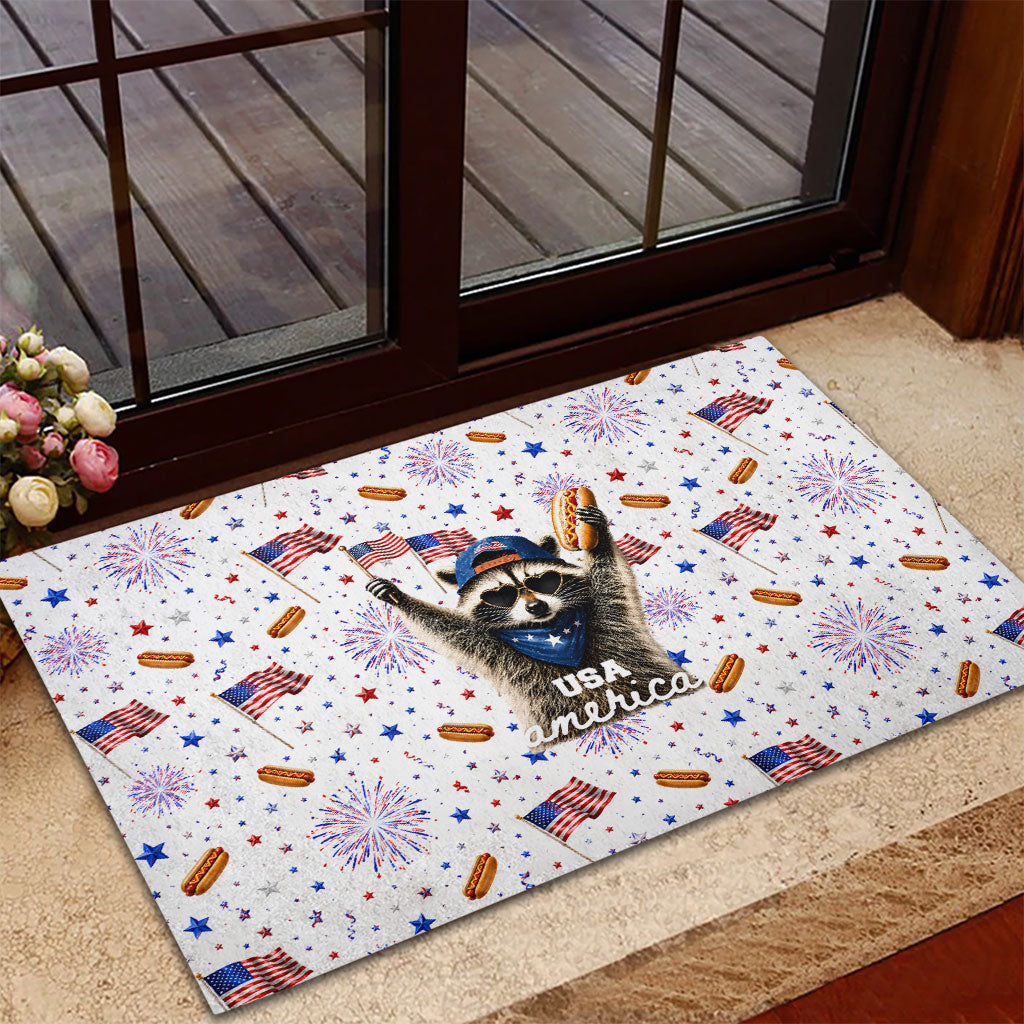 USA America Raccoon Hot Dog 250 Years Rubber Doormat 4th of July 1776-2026 Patriotic Fireworks