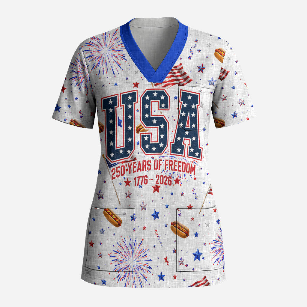 USA America Raccoon Hot Dog 250 Years Scrub Top 4th of July 1776-2026 Patriotic Fireworks