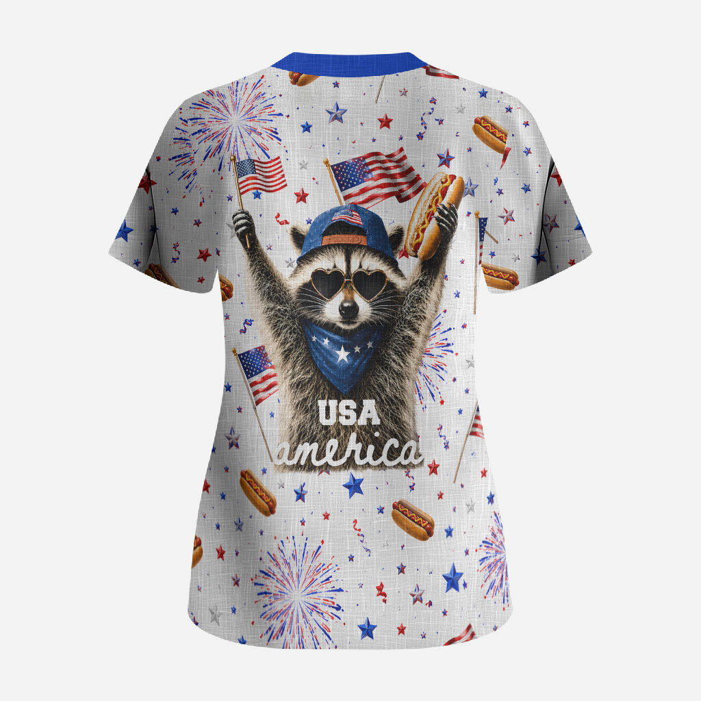 USA America Raccoon Hot Dog 250 Years Scrub Top 4th of July 1776-2026 Patriotic Fireworks