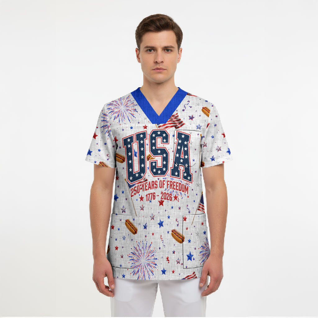 USA America Raccoon Hot Dog 250 Years Scrub Top 4th of July 1776-2026 Patriotic Fireworks