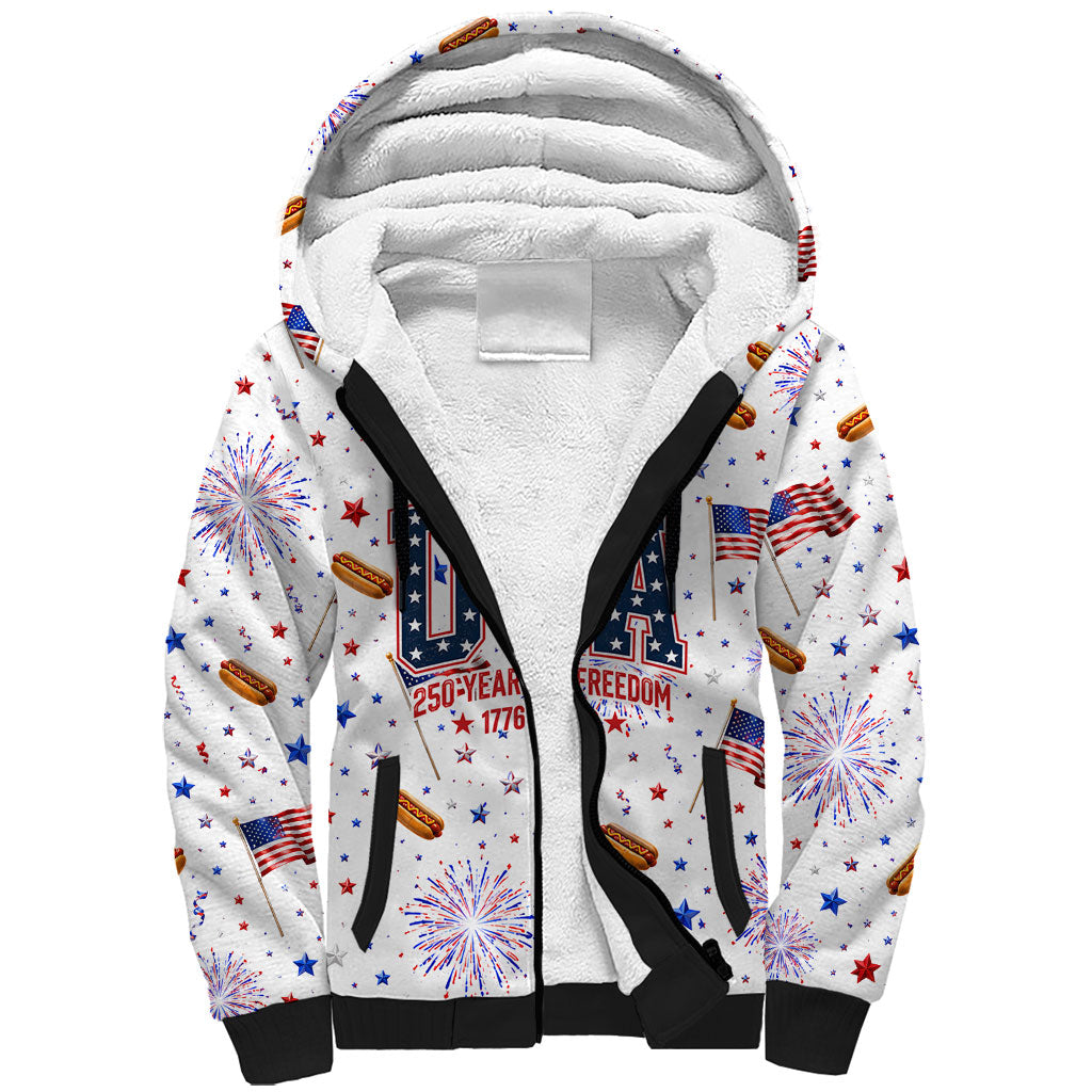 USA America Raccoon Hot Dog 250 Years Sherpa Hoodie 4th of July 1776-2026 Patriotic Fireworks