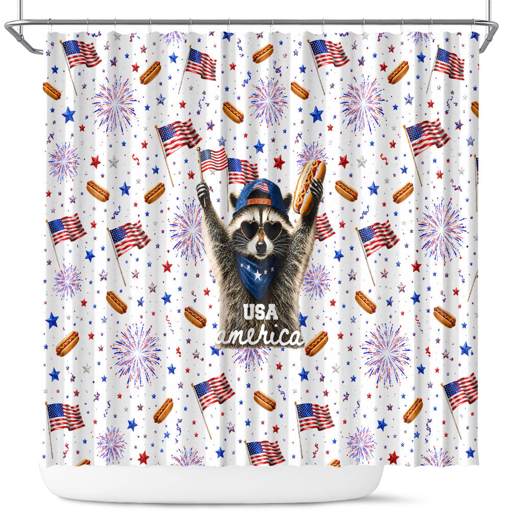 USA America Raccoon Hot Dog 250 Years Shower Curtain 4th of July 1776-2026 Patriotic Fireworks