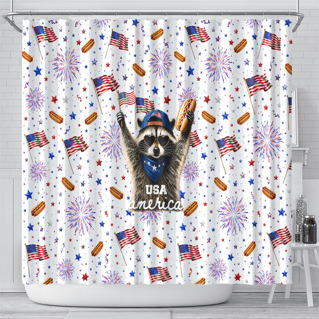 USA America Raccoon Hot Dog 250 Years Shower Curtain 4th of July 1776-2026 Patriotic Fireworks